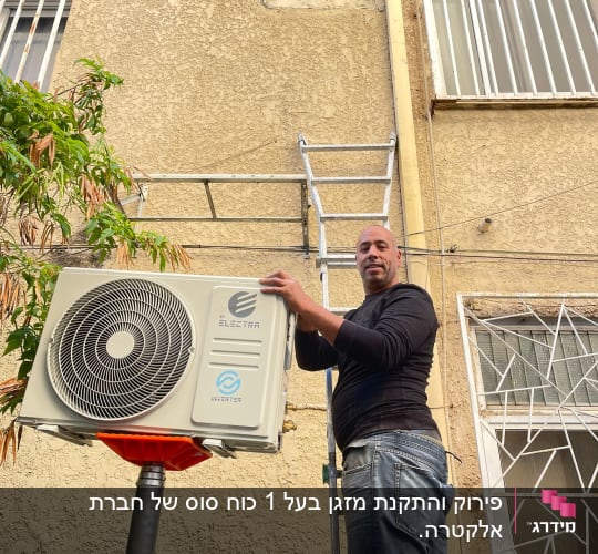 אדם מתקין מזגן על קיר חיצוני עם סולם
